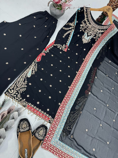 Black Georgette Festive Embroidered Palazzo Suit