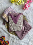 Lilac Roman Silk Golden Thread Work Straight Suit Set - BONYHUBSALWAR KAMEEZ
