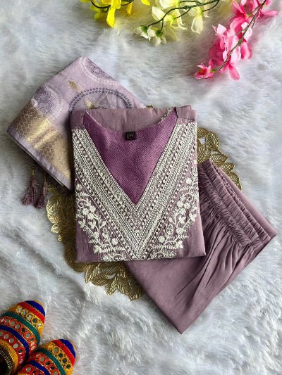 Lilac Roman Silk Golden Thread Work Straight Suit Set - BONYHUBSALWAR KAMEEZ