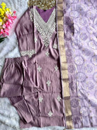 Lilac Roman Silk Golden Thread Work Straight Suit Set - BONYHUBSALWAR KAMEEZ
