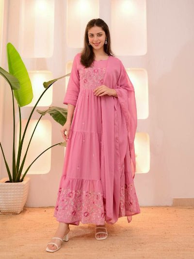 Powder Pink Chanderi Layered Anarkali Dupatta Set Of 2 - BONYHUBSALWAR KAMEEZ
