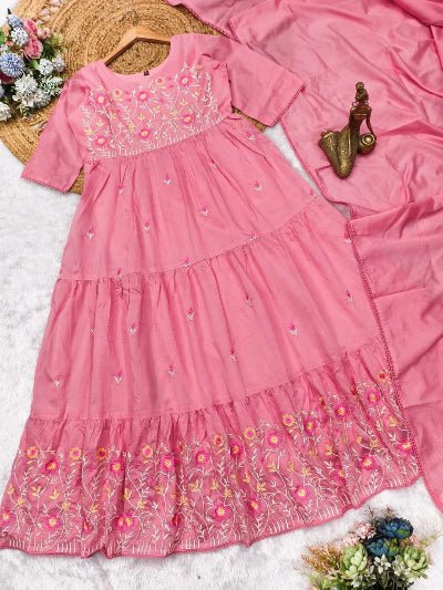 Powder Pink Chanderi Layered Anarkali Dupatta Set Of 2 - BONYHUBSALWAR KAMEEZ