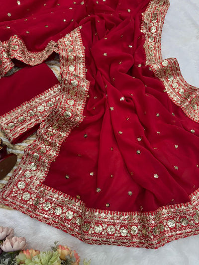 Classic Red Georgette Embroidery Sari with Blouse piece