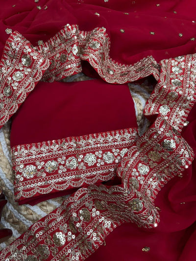 Classic Red Georgette Embroidery Sari with Blouse piece