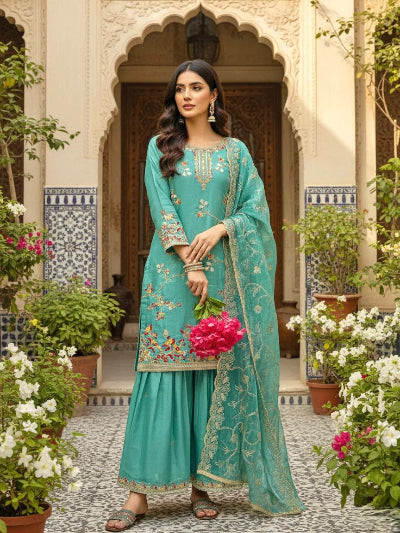 Ice Blue Embroidered Tissue Silk Sharara Suit