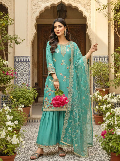 Ice Blue Embroidered Tissue Silk Sharara Suit