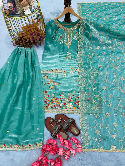 Ice Blue Embroidered Tissue Silk Sharara Suit