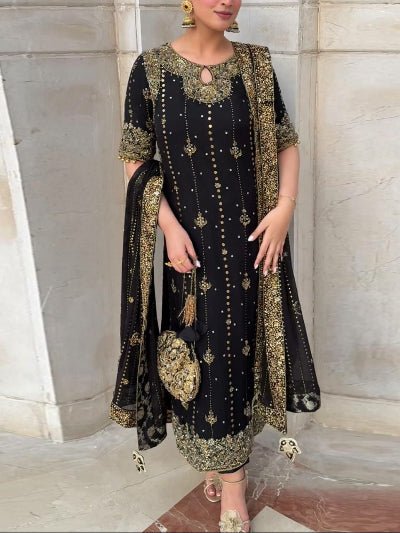 Mystic Black Georgette Gold Sequins Work Palazzo Suit Set - BONYHUBSALWAR KAMEEZ