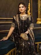 Mystic Black Georgette Gold Sequins Work Palazzo Suit Set - BONYHUBSALWAR KAMEEZ