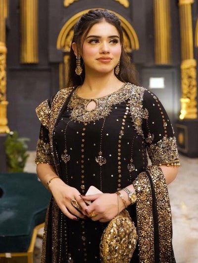 Mystic Black Georgette Gold Sequins Work Palazzo Suit Set - BONYHUBSALWAR KAMEEZ