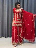 Red Georgette Full Sleeves Embroidered Sharara Palazzo Suit - BONYHUBSALWAR KAMEEZ