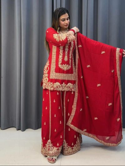 Red Georgette Full Sleeves Embroidered Sharara Palazzo Suit - BONYHUBSALWAR KAMEEZ