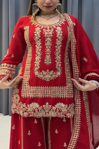 Red Georgette Full Sleeves Embroidered Sharara Palazzo Suit - BONYHUBSALWAR KAMEEZ