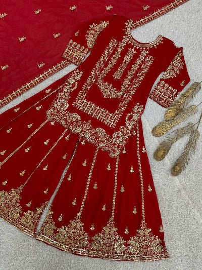 Red Georgette Full Sleeves Embroidered Sharara Palazzo Suit - BONYHUBSALWAR KAMEEZ