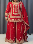 Red Georgette Full Sleeves Embroidered Sharara Palazzo Suit - BONYHUBSALWAR KAMEEZ