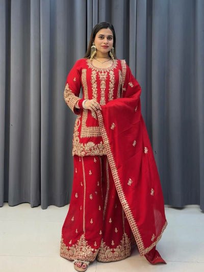 Red Georgette Full Sleeves Embroidered Sharara Palazzo Suit - BONYHUBSALWAR KAMEEZ