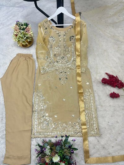 Gold Tissue Silk Embroidered Straight Suit Set - BONYHUBSALWAR KAMEEZ