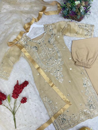 Gold Tissue Silk Embroidered Straight Suit Set - BONYHUBSALWAR KAMEEZ