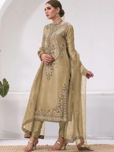 Gold Tissue Silk Embroidered Straight Suit Set - BONYHUBSALWAR KAMEEZ