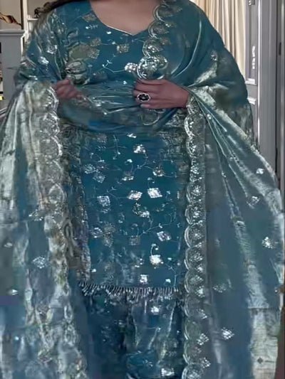 Blue Crush Silk Sequins Punjabi Dhoti Salwar Suit Set - BONYHUBSALWAR KAMEEZ