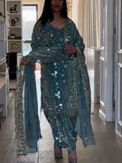 Blue Crush Silk Sequins Punjabi Dhoti Salwar Suit Set - BONYHUBSALWAR KAMEEZ