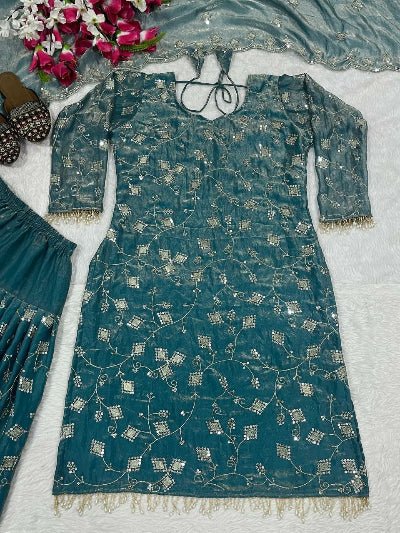 Blue Crush Silk Sequins Punjabi Dhoti Salwar Suit Set - BONYHUBSALWAR KAMEEZ