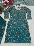 Blue Crush Silk Sequins Punjabi Dhoti Salwar Suit Set - BONYHUBSALWAR KAMEEZ