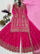 Hot Pink Satin Silk Exquisite Embroidered Sharara Palazzo Suit - BONYHUBSALWAR KAMEEZ