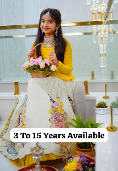 Yellow Chinon Silk Printed Kids Lehenga Choli Set - BONYHUBClothing