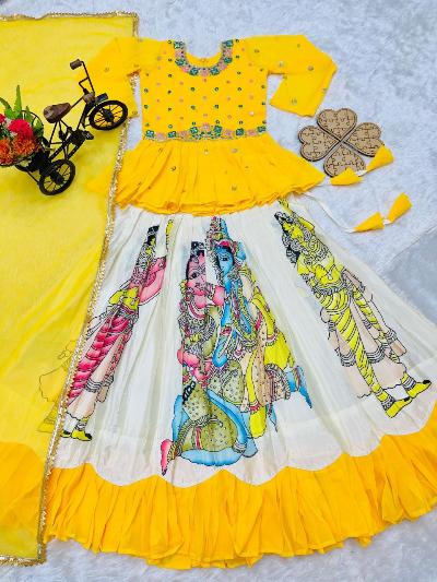 Yellow Chinon Silk Printed Kids Lehenga Choli Set - BONYHUBClothing