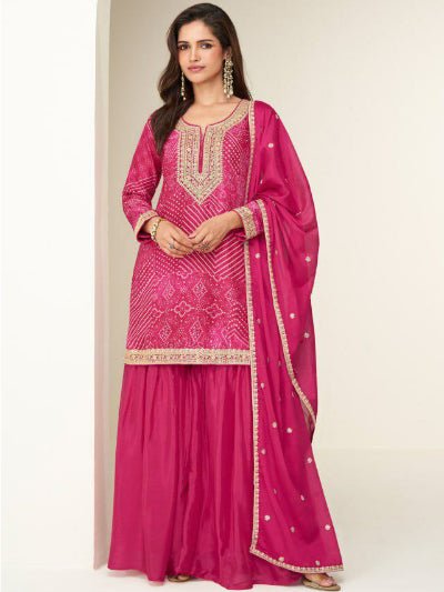 Rang Riwaaz Pink Bandhani Chinon Silk Palazzo Suit Set - BONYHUBSALWAR KAMEEZ