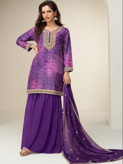 Rang Riwaaz Purple Bandhani Chinon Silk Palazzo Suit Set - BONYHUBSALWAR KAMEEZ