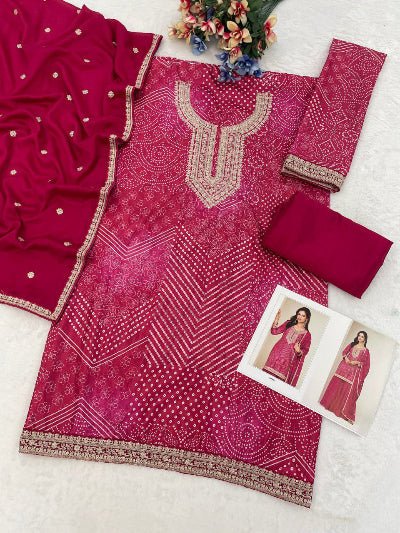 Rang Riwaaz Pink Bandhani Chinon Silk Palazzo Suit Set - BONYHUBSALWAR KAMEEZ