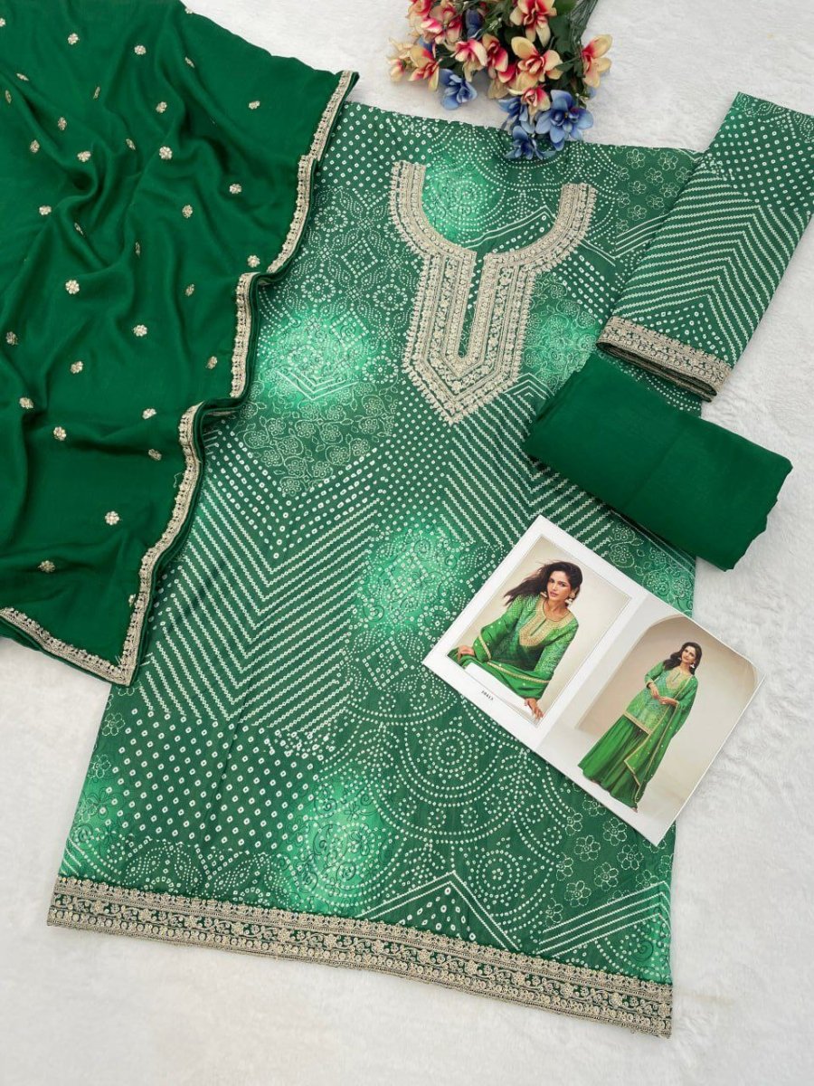 Rang Riwaaz Green Bandhani Chinon Silk Palazzo Suit Set - BONYHUBSALWAR KAMEEZ