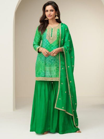 Rang Riwaaz Green Bandhani Chinon Silk Palazzo Suit Set - BONYHUBSALWAR KAMEEZ