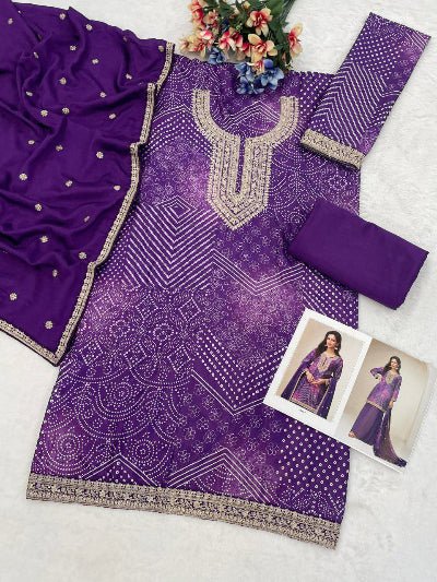 Rang Riwaaz Purple Bandhani Chinon Silk Palazzo Suit Set - BONYHUBSALWAR KAMEEZ