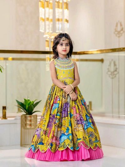 Yellow Chinon Silk Printed Kids Lehenga Choli Set - BONYHUBLehangas