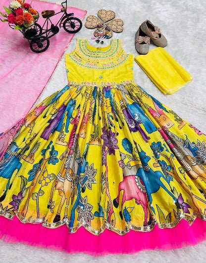 Yellow Chinon Silk Printed Kids Lehenga Choli Set - BONYHUBLehangas
