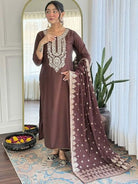 Coffee Brown Chanderi Straight Suit With Jacquard Dupatta - BONYHUBSALWAR KAMEEZ