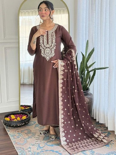 Coffee Brown Chanderi Straight Suit With Jacquard Dupatta - BONYHUBSALWAR KAMEEZ