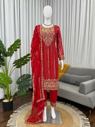 Red Georgette Rich Embroidery Work Straight Suit Set - BONYHUBSALWAR KAMEEZ