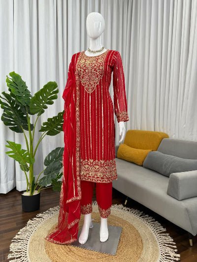 Red Georgette Rich Embroidery Work Straight Suit Set - BONYHUBSALWAR KAMEEZ