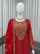 Red Georgette Rich Embroidery Work Straight Suit Set - BONYHUBSALWAR KAMEEZ