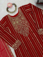 Red Georgette Rich Embroidery Work Straight Suit Set - BONYHUBSALWAR KAMEEZ