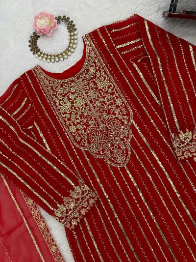 Red Georgette Rich Embroidery Work Straight Suit Set - BONYHUBSALWAR KAMEEZ