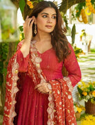 Rusty Pink & Red Shaded Embroidery Work Anarkali Suit Set - BONYHUBSALWAR KAMEEZ