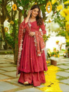Rusty Pink & Red Shaded Embroidery Work Anarkali Suit Set - BONYHUBSALWAR KAMEEZ