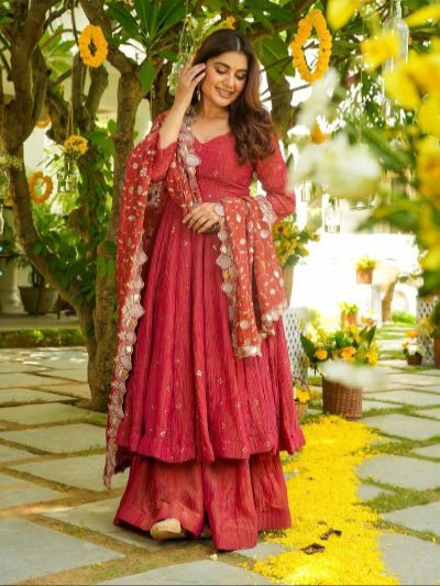 Rusty Pink & Red Shaded Embroidery Work Anarkali Suit Set - BONYHUBSALWAR KAMEEZ