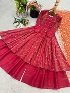 Rusty Pink & Red Shaded Embroidery Work Anarkali Suit Set - BONYHUBSALWAR KAMEEZ