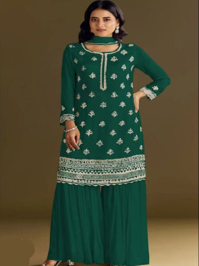 Teal Green Chinon Elegant Embroidery Palazzo Suit Set - BONYHUBSALWAR KAMEEZ